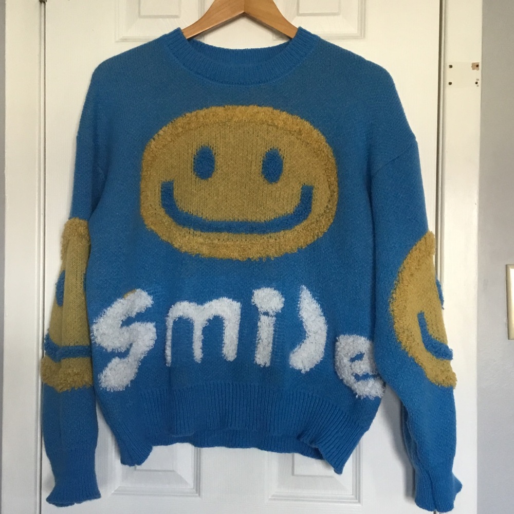 Blue Smiley Face Knit Sweater with Yellow Accents